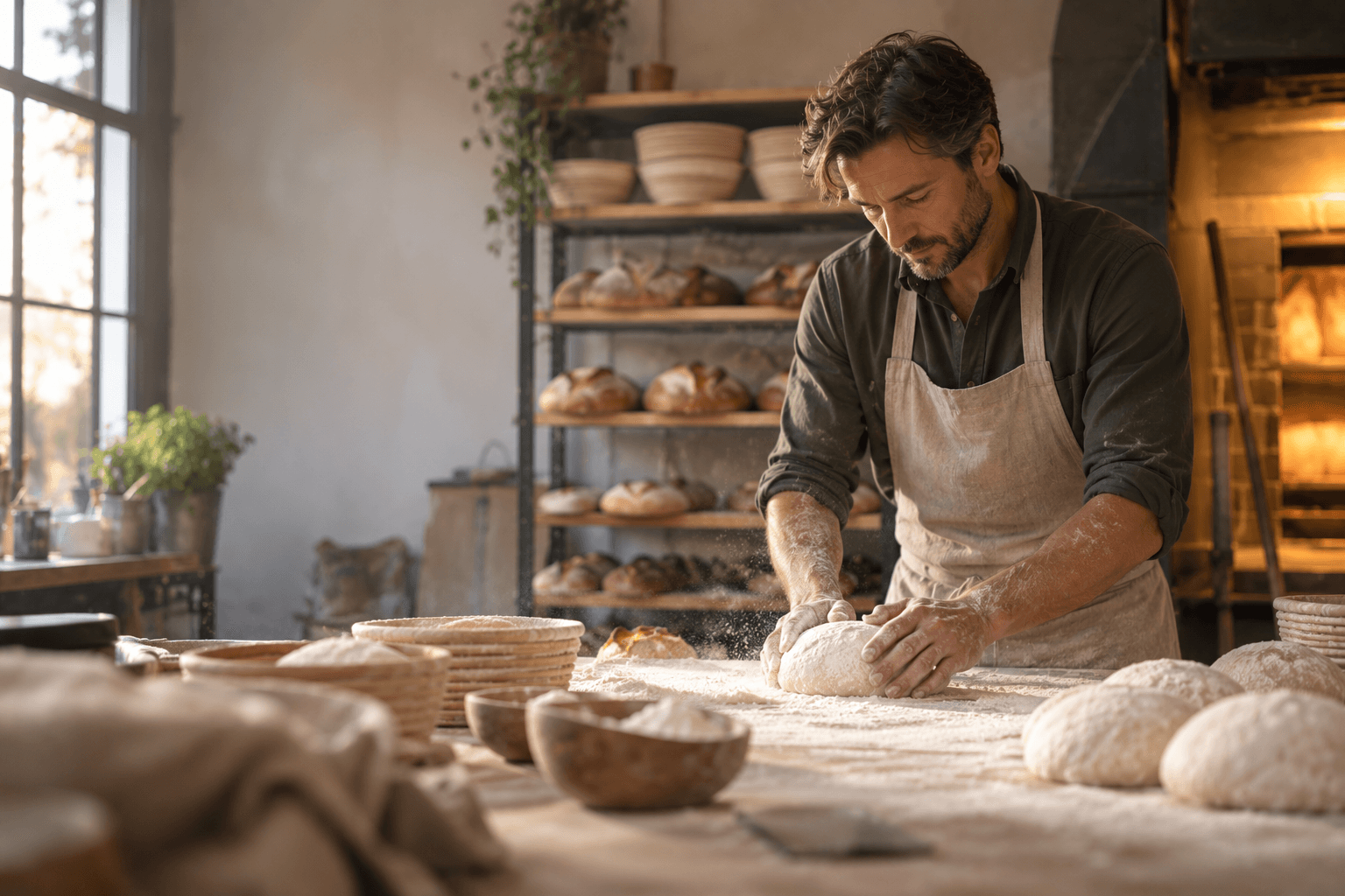 Een bakker vormt deeg op een met bloem bestoven werkbank