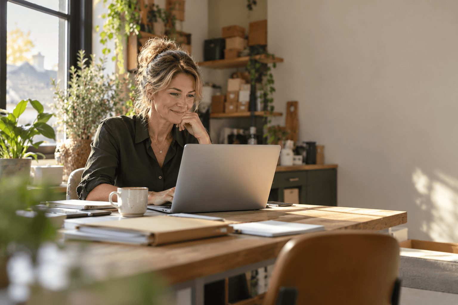 Een eigenaar kijkt tevreden naar haar laptop in een licht kantoor