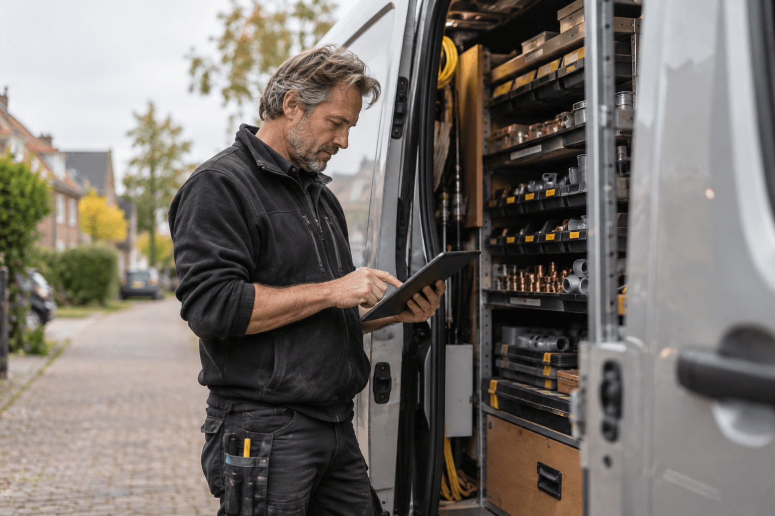 Een installateur bekijkt een tablet bij zijn bedrijfsbus