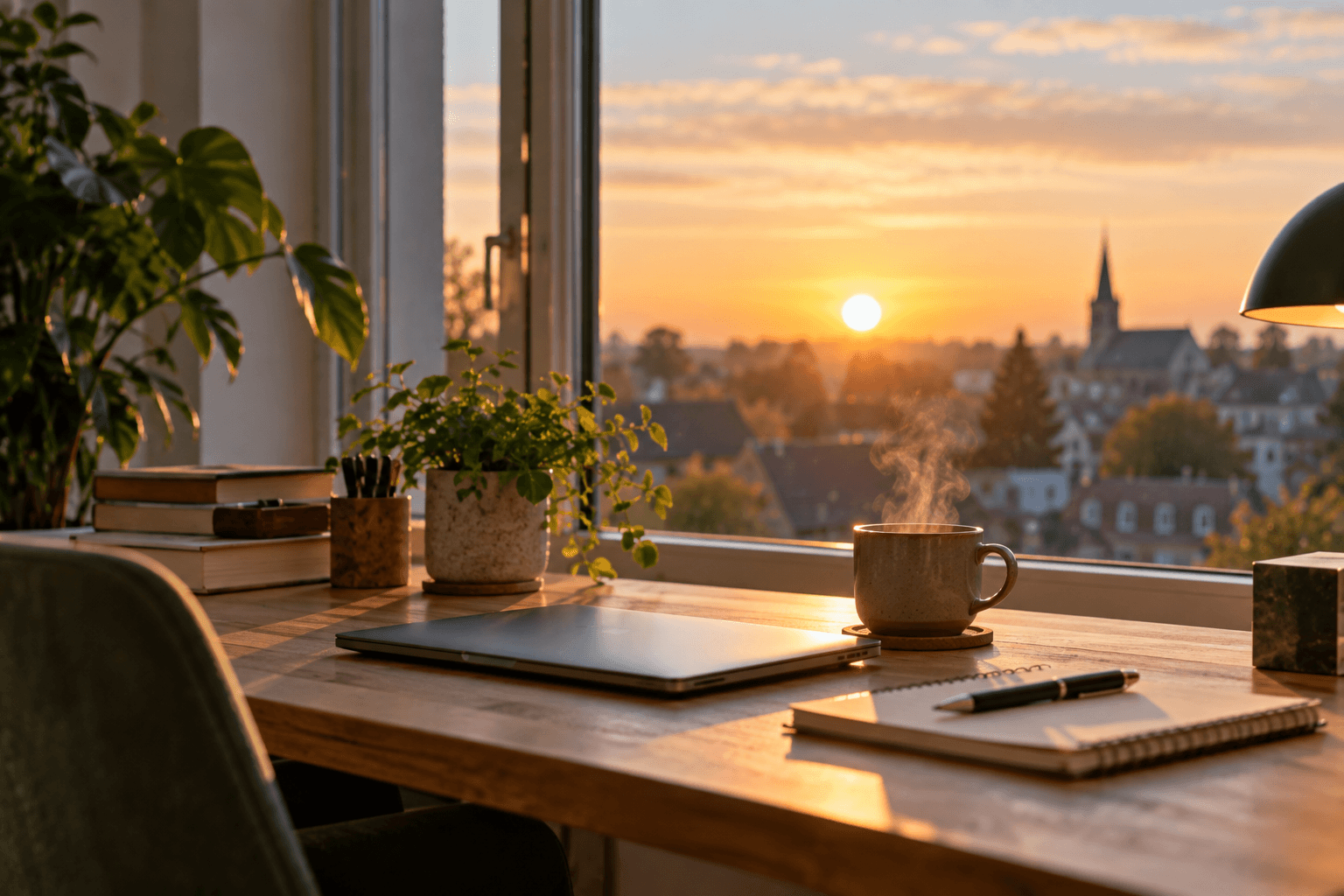 Een rustig bureau bij het raam bij zonsopkomst, met koffie en een dichte laptop