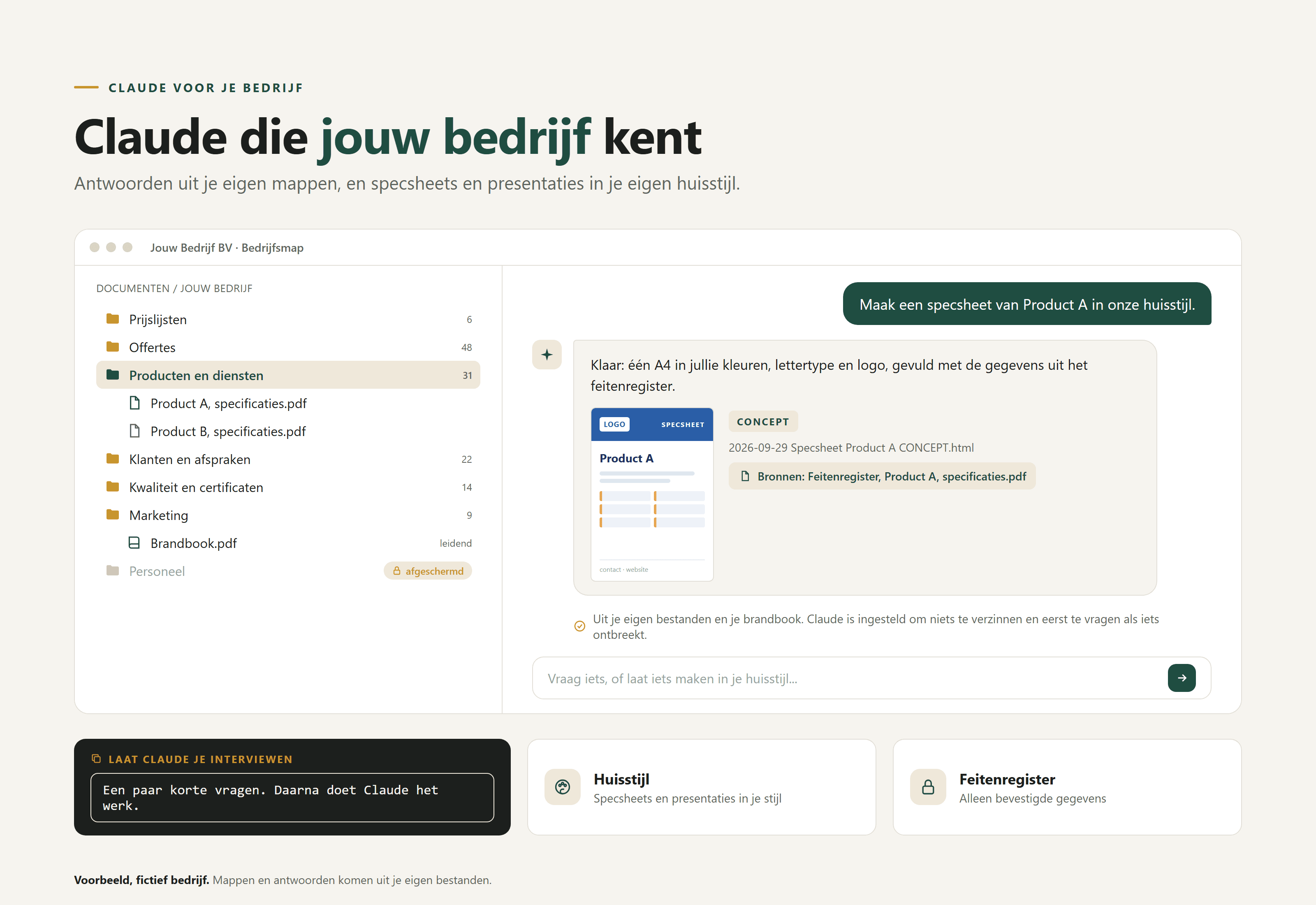 Voorbeeld: Claude maakt uit de bedrijfsmap een specsheet in de huisstijl van het bedrijf, met bronnen