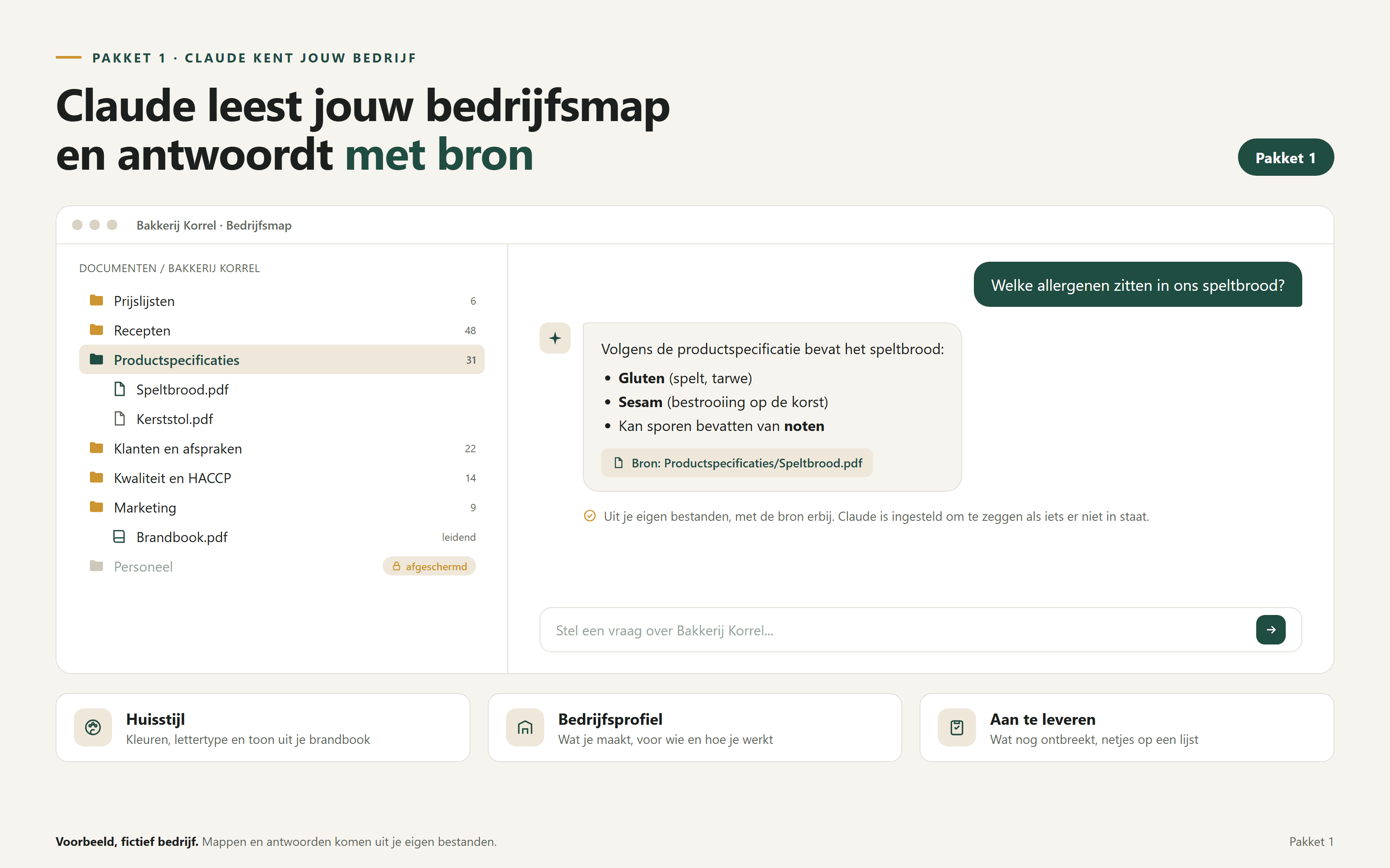 Voorbeeld pakket 1: een bedrijfsmap van een bakkerij en Claude die een vraag beantwoordt met bronvermelding