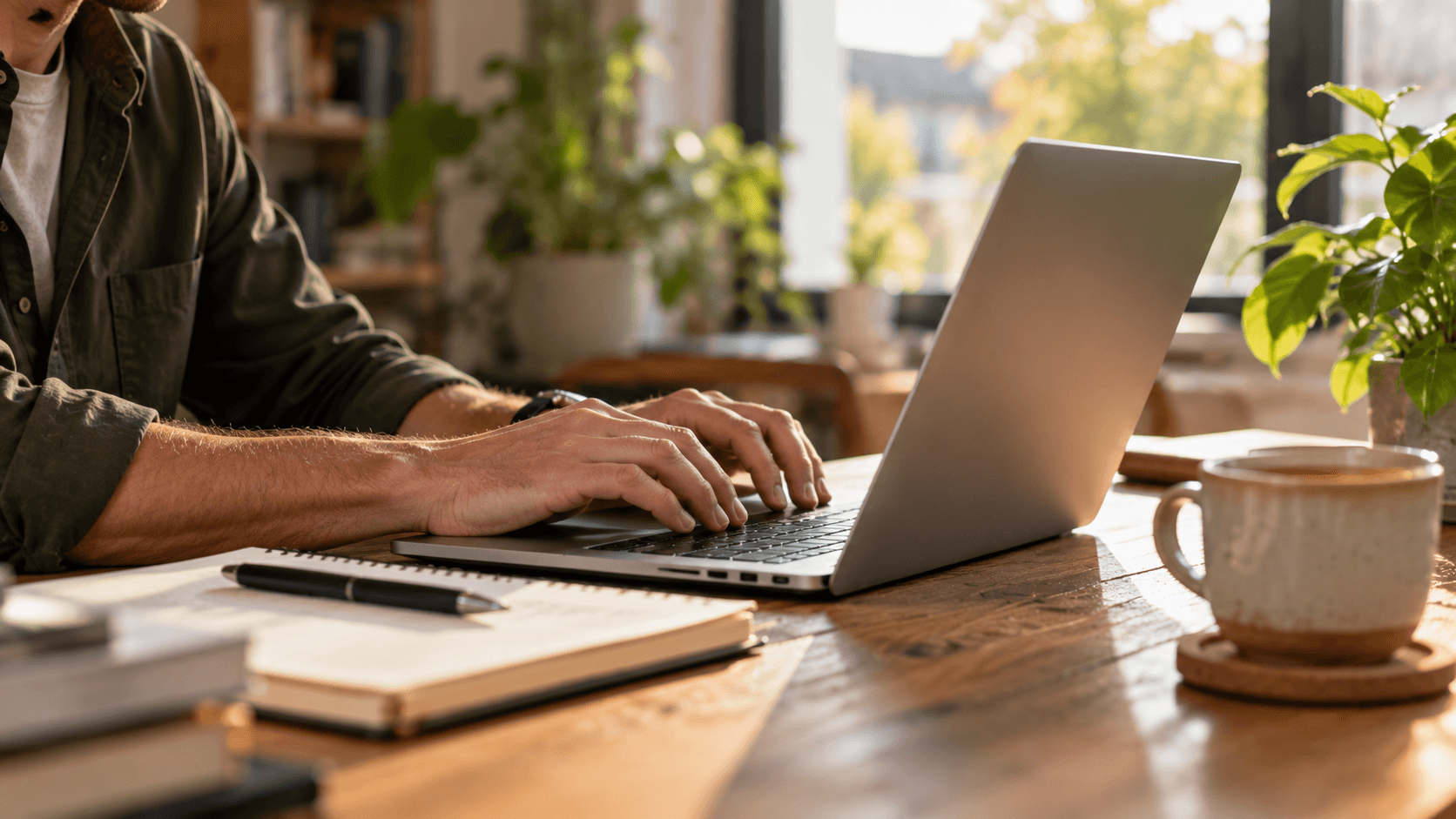 Iemand werkt op een laptop aan een houten tafel, met koffie en planten