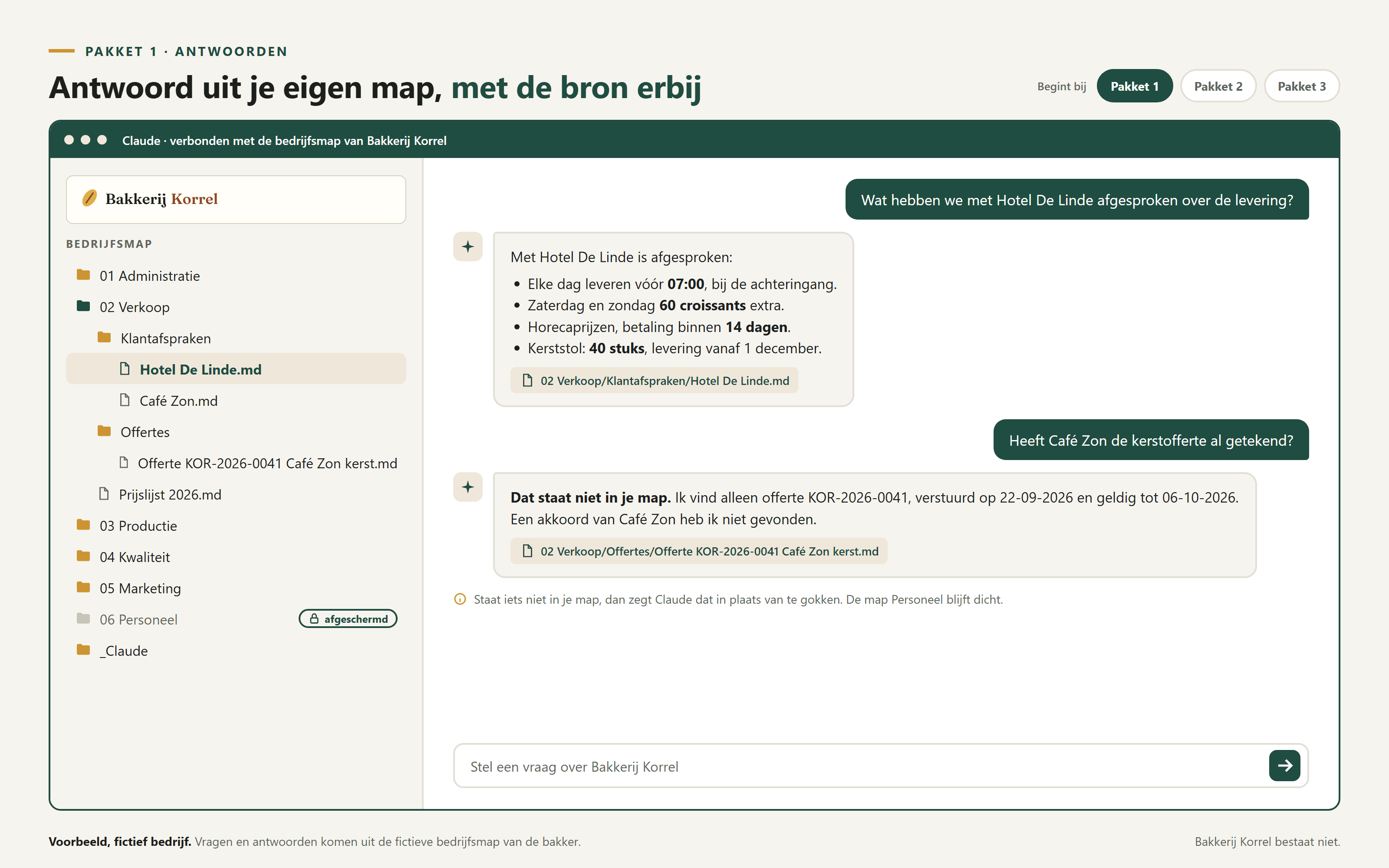 Voorbeeld met een fictieve bakkerij: Claude beantwoordt een vraag uit de bedrijfsmap met het bronbestand erbij, en zegt het als iets er niet in staat